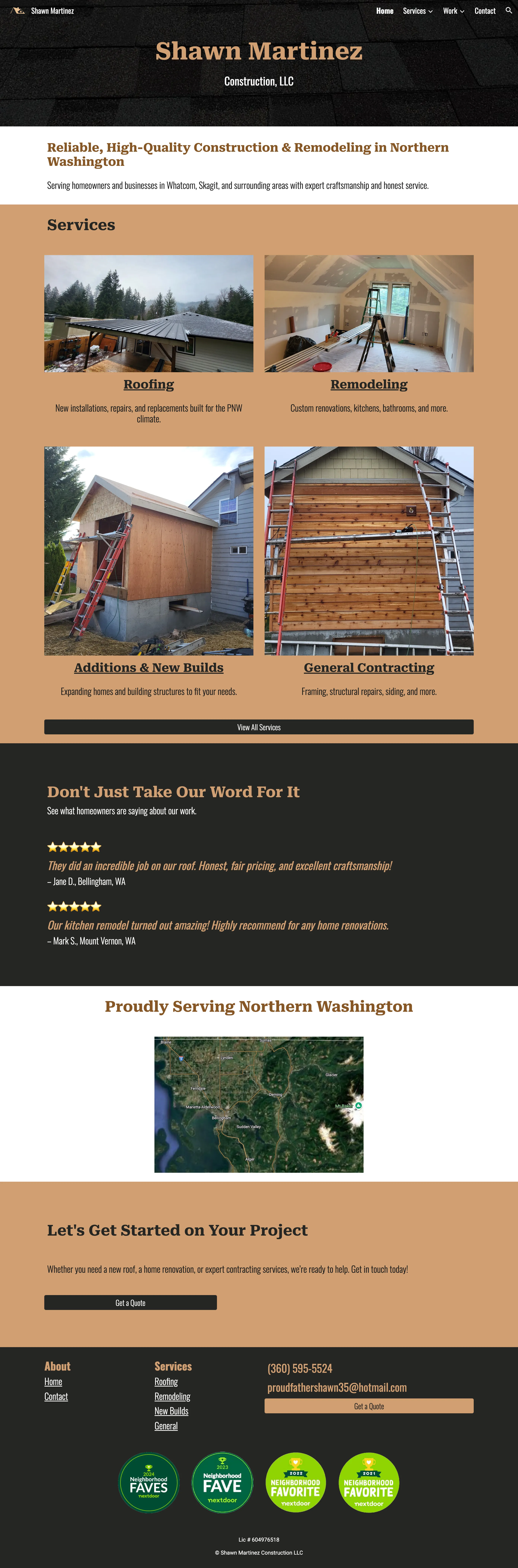 Shawn Martinez homepage view emphasizing trust signals and clear contact options.
